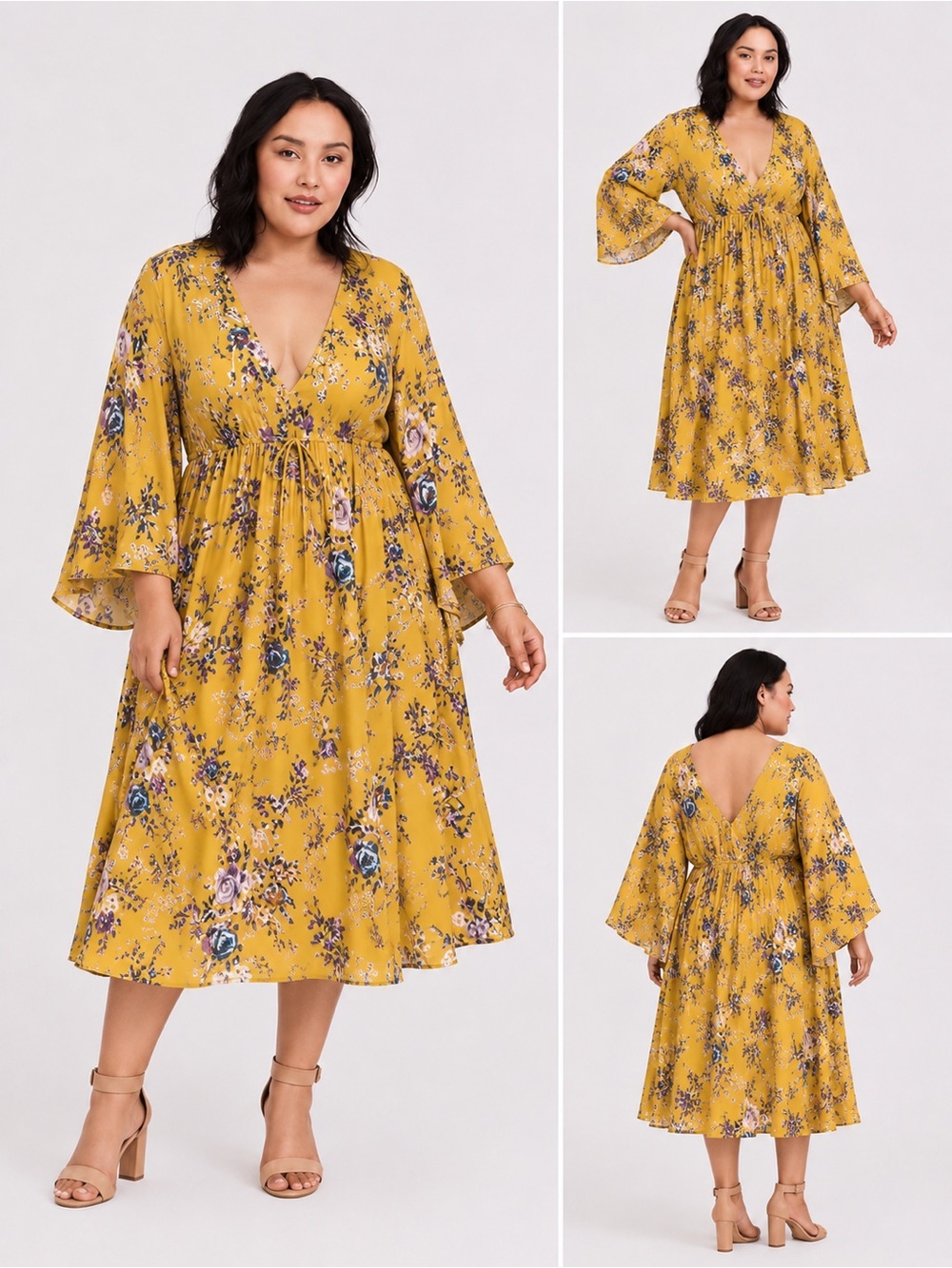 torrid Mustard Floral V-Neck Midi Dress with Bell Sleeves